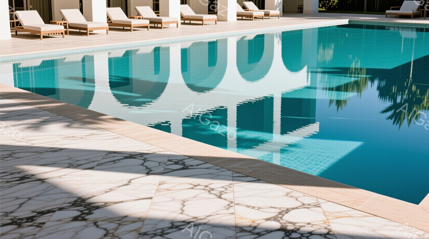 鮮やかな青色のタイル張りのプールの水面には、ヤシの木の影が美しく映り込んでいます。プールの周りには、クリーム色のモダンなラウンジチェアが整然と並び、高級リゾートの雰囲気を醸し出しています。明るい日差しとプールのコントラストが、リラックスした穏やかな情景を作り出しています。