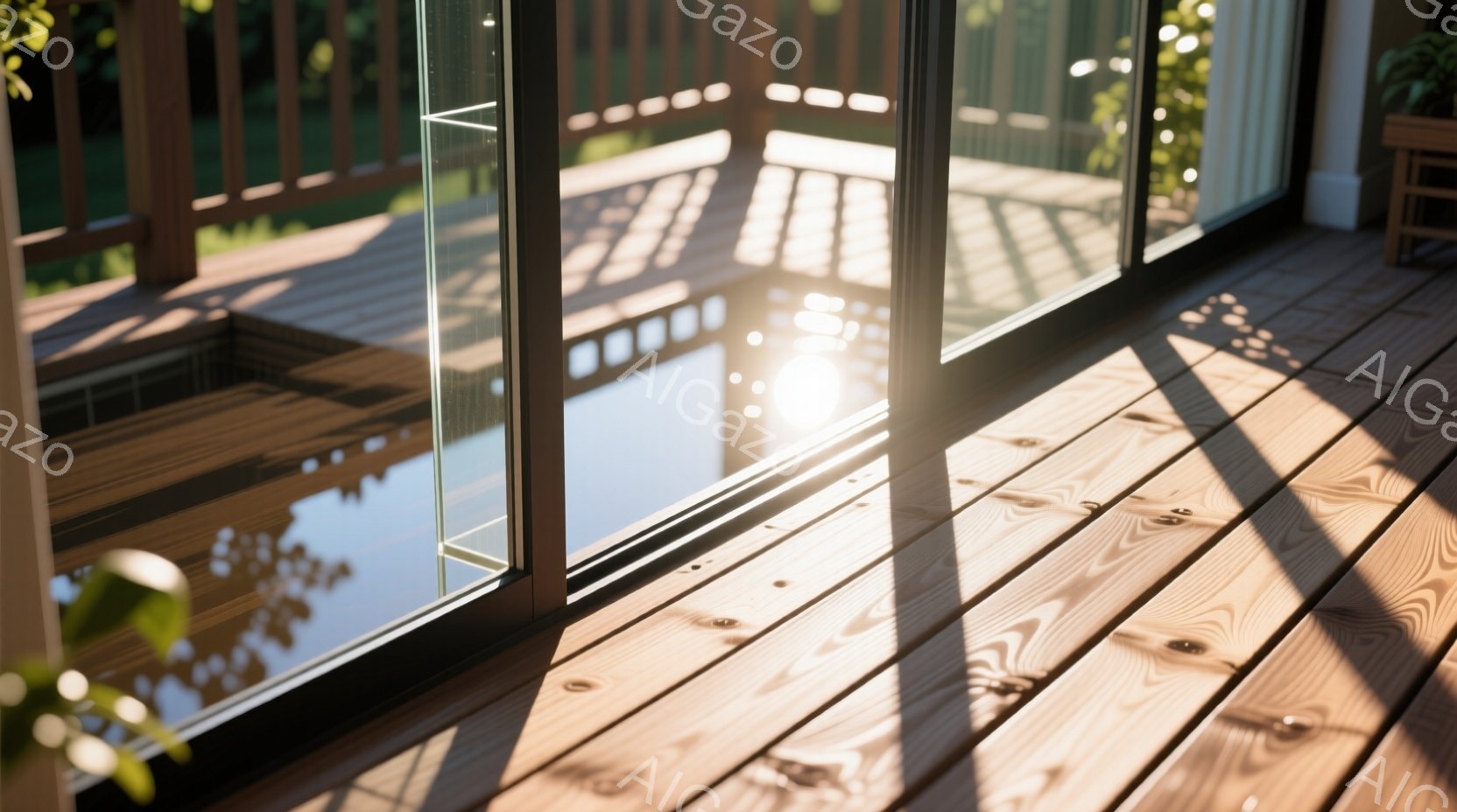 庭に面したウッドデッキが写っており、強い日差しが木製の床板に縞模様の影を落としている。デッキには、緑豊かな庭と水面が広がる池が見え、自然光が差し込み、静かで穏やかな雰囲気を醸し出している。室内にはわずかに家具が見え、全体的にリラックスできる空間を表現している。