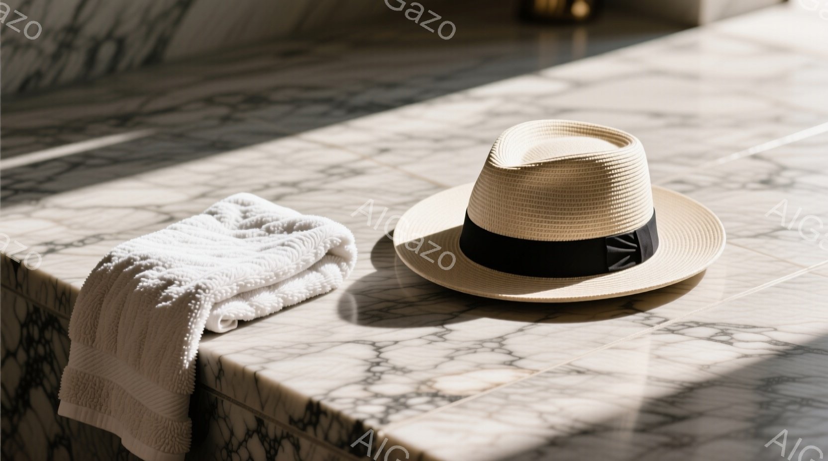 大理石のカウンターの上に、ベージュ色のストローハットと白いタオルが置かれています。光が差し込み、カウンターに影が落ち、高級感とリラックスした雰囲気を醸し出しています。背景はぼやけており、カウンターの素材感とハット、タオルの質感が際立っています。