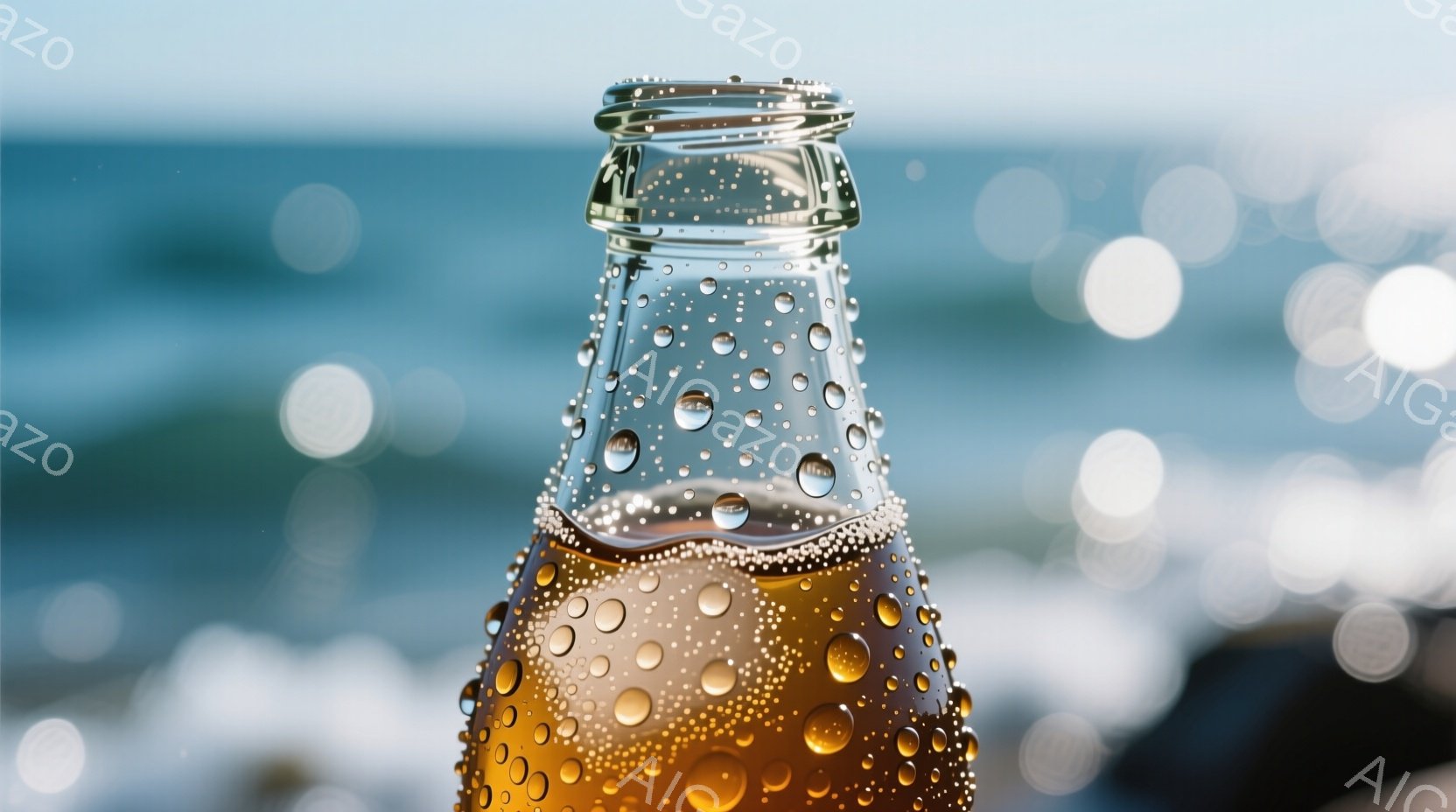 氷の粒で覆われた冷たいビールのボトルが、穏やかな波が打ち寄せる海岸を背景に写っている。ボトルには泡が立ち、冷たさを強調している。背景の海は明るい空の下で穏やかに輝き、爽やかでリラックスした雰囲気を醸し出している。