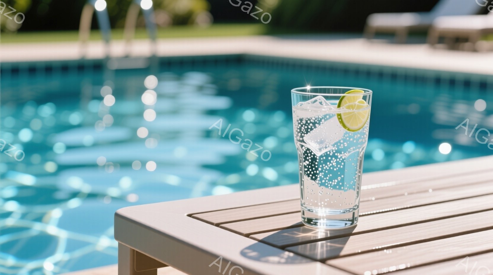 庭のプールサイドに置かれたグラスに入った炭酸水が印象的な画像です。グラスには氷とライムが浮かんでおり、水面は太陽光でキラキラと輝いています。背景にはぼやけたプールの水面と、遠くに見えるデッキチェアがあり、夏の穏やかな雰囲気を醸し出しています。