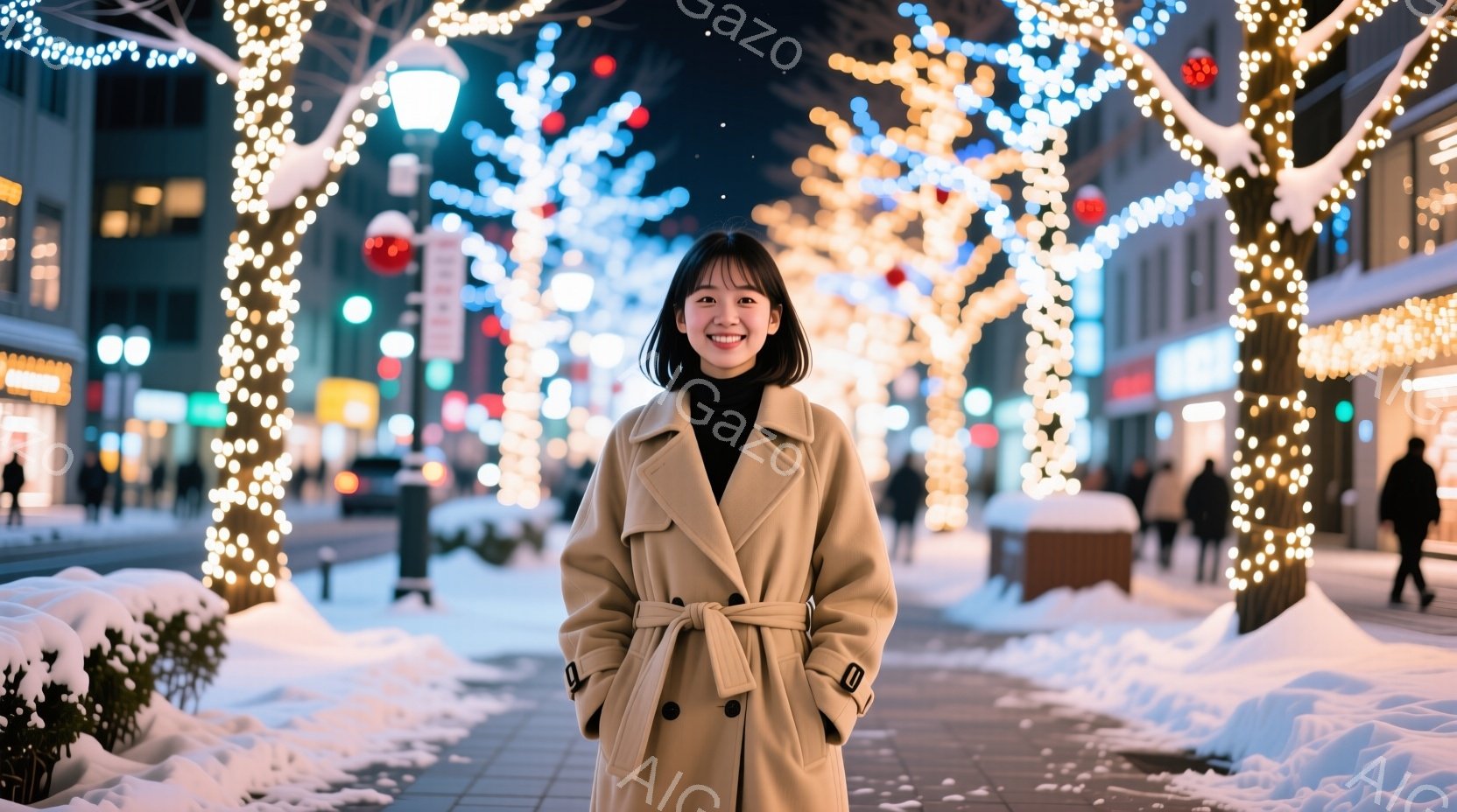 暖色のコートを着た若い女性が、雪に覆われた歩道を中央に立っている。彼女は微笑んでおり、コートはウエストで結ばれている。背景には、輝くイルミネーションで飾られた木々が立ち並び、雪が積もった歩道と控えめな建物が見える、冬の夜の暖かい雰囲気を作り出している。