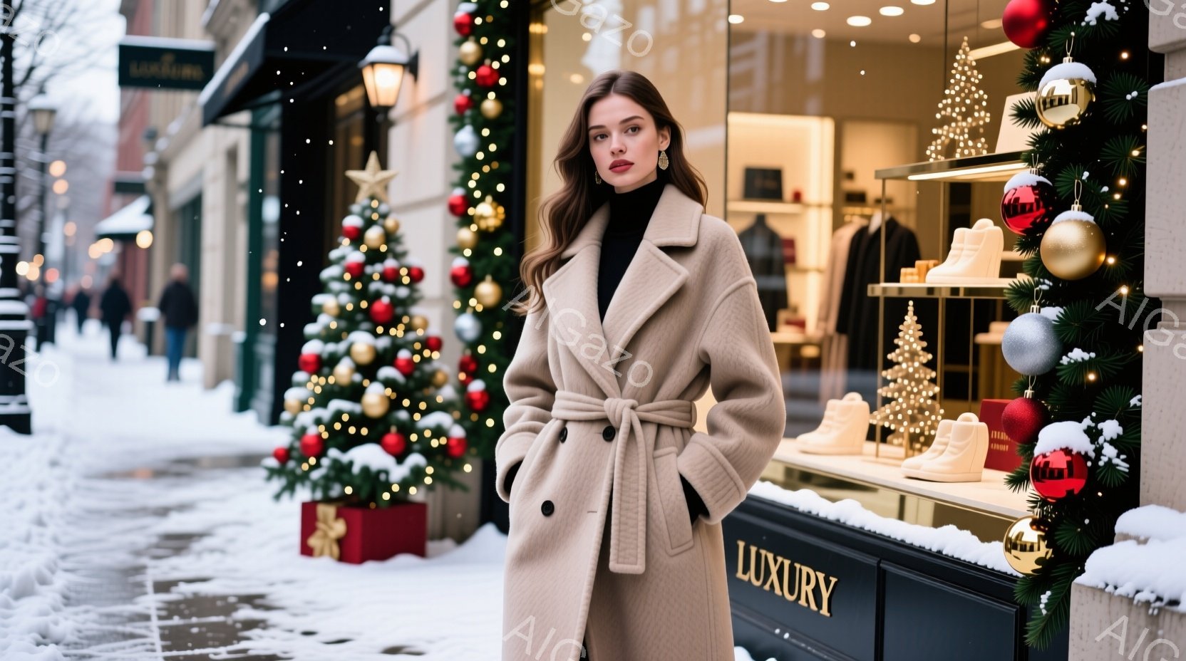 モデルは、ベージュ色のオーバーサイズコートと黒のタートルネックセーターを着て、ベルトでウエストを絞っています。彼女は、少し微笑み、落ち着いた表情で、ショーウィンドウの前に立っています。背景には、雪が降り積もり、クリスマスツリーや装飾されたショーウィンドウが暖かく華やかな冬の雰囲気を醸し出しています。