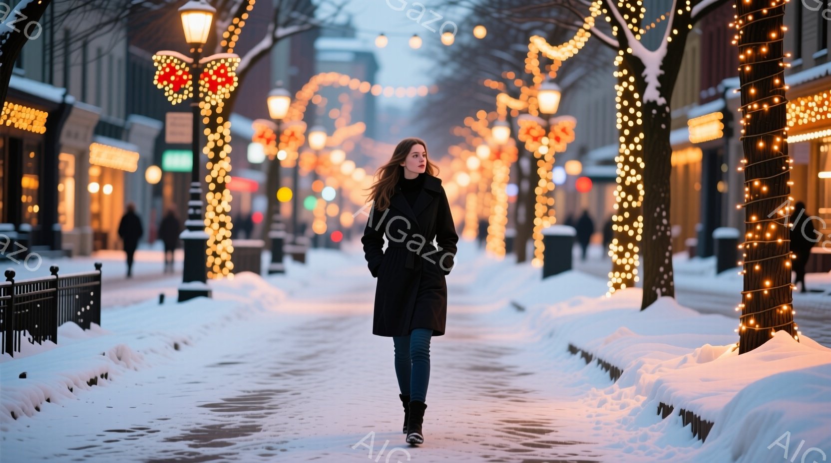 長い黒いコートを着た女性が雪の降る街路を歩いている。彼女は細身のジーンズと黒いブーツを履き、髪は肩まで伸びたストレートヘアで、わずかに微笑んでいる。背景には、クリスマスの飾り付けが施された街路樹が立ち並び、雪に覆われた建物が見える、暖かく幻想的な雰囲気である。