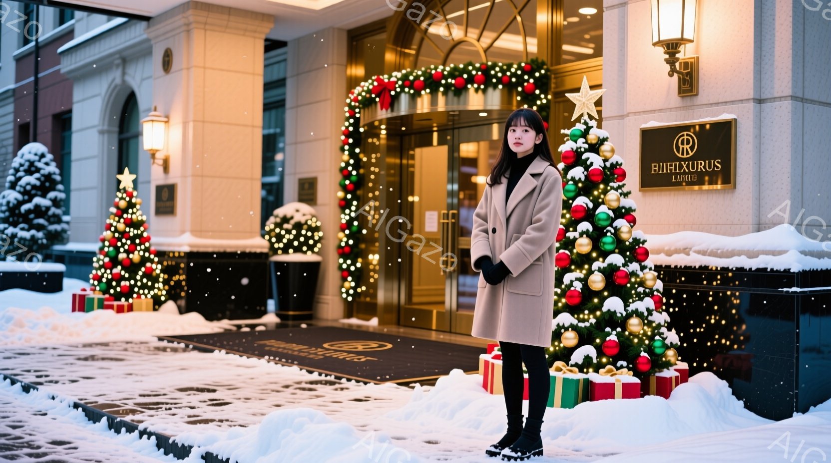 雪が降る中、女性がホテルの入り口前に立っている。ベージュのコートに黒いブーツを履き、長い黒髪はストレートに伸びている。背景にはクリスマスデコレーションで彩られたホテルがあり、華やかで暖かい雰囲気を醸し出している。
