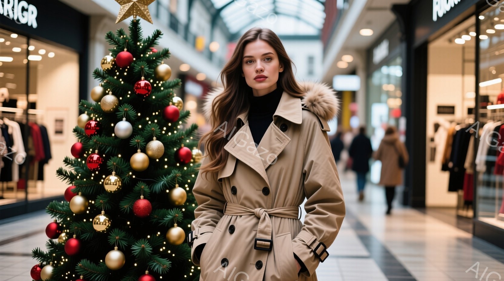 長い茶色のトレンチコートを着た女性が、クリスマスツリーの前に立っている。彼女はベルトでウエストマークし、顔はやや真剣な表情でカメラを見つめている。背景はショッピングモールの廊下で、クリスマスツリーが飾られ、他の買い物客がぼんやりと見える。