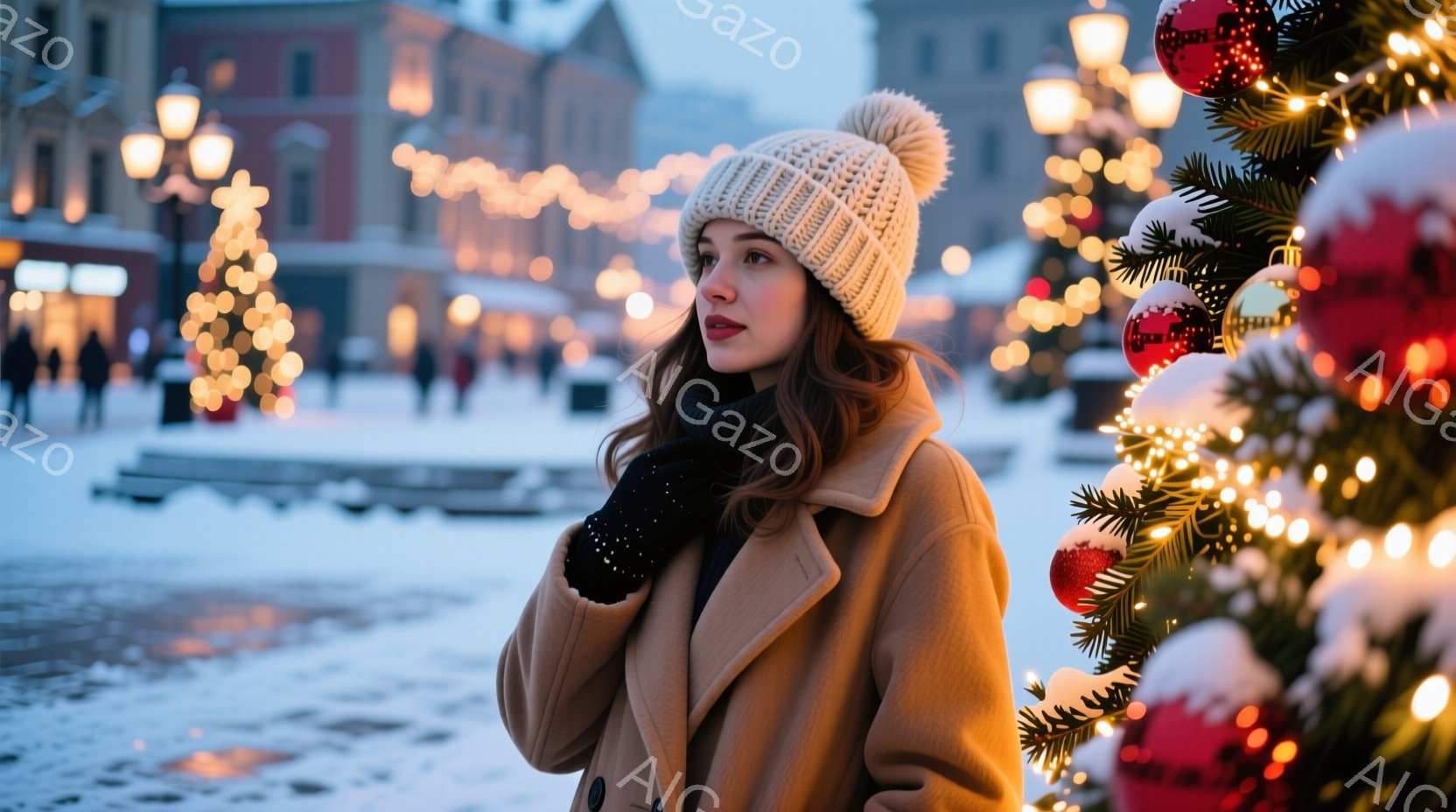 暖かなキャメル色のコートに、白いニット帽を被った女性が写っている。彼女は少し上目遣いで遠くを見つめ、片手をポケットに入れたリラックスした姿勢を見せている。背景には雪が積もった石畳の広場と、イルミネーションで飾られたクリスマスツリーが輝き、冬の暖かく幻想的な雰囲気を醸し出している。