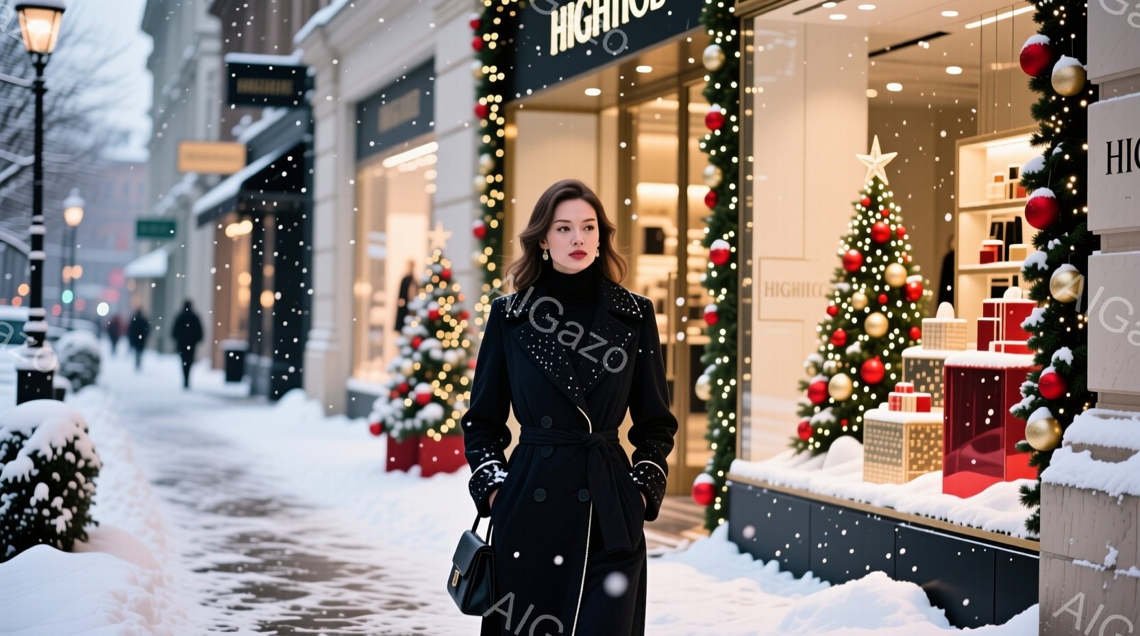 雪が降る街並みを、黒のロングコートを着た女性が歩いている。彼女は肩を少し内側に引き、片手に黒のショルダーバッグを持ち、少し横を向いてこちらを見ている。背景にはクリスマスデコレーションが施された高級ブランドのショーウィンドウがあり、暖かく華やかな雰囲気を醸し出している。