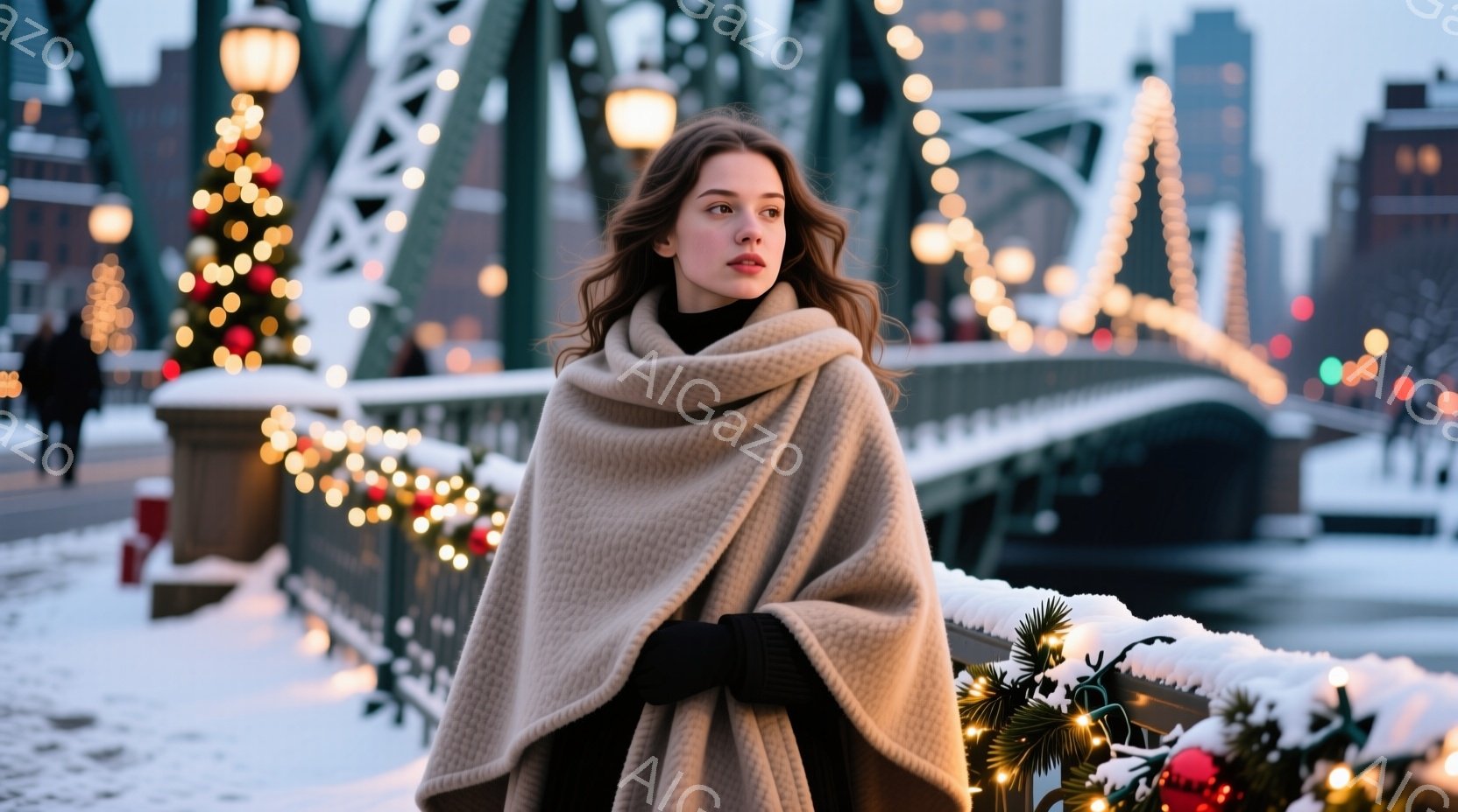 長い茶色の髪を無造作に垂らし、黒いニットとベージュのケープを羽織った女性が、雪積もった橋の上を歩いている。彼女は少し憂いを帯びた表情で、遠くを見つめている。背景には、クリスマスイルミネーションで飾られた緑の装飾と、雪景色に包まれた建物群が広がり、冬の静寂と温かい光が共存する雰囲気を醸し出している。