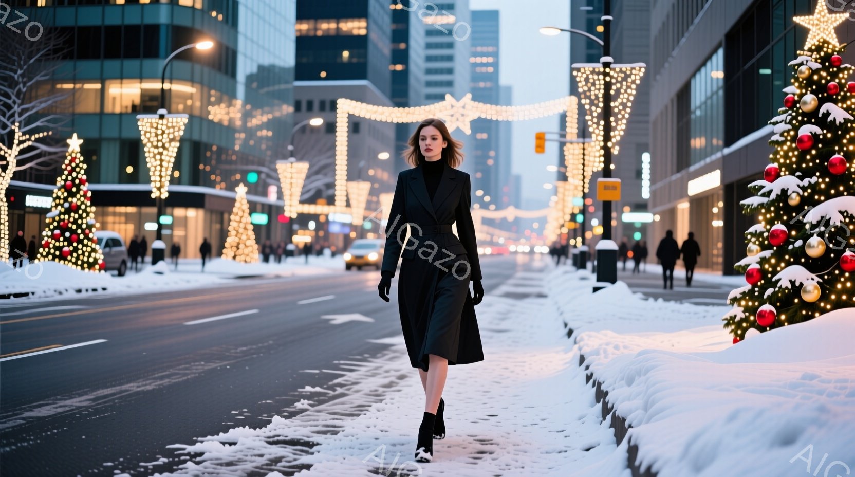 雪が降る街中に佇む女性が写っている。黒いロングコートに黒いブーツを履き、ストレートの髪を降ろした彼女は、やや前かがみの姿勢で歩いている。背景には高層ビル群とクリスマスの装飾が施された街路樹が並び、冬の華やかさと静寂が共存する雰囲気が漂っている。