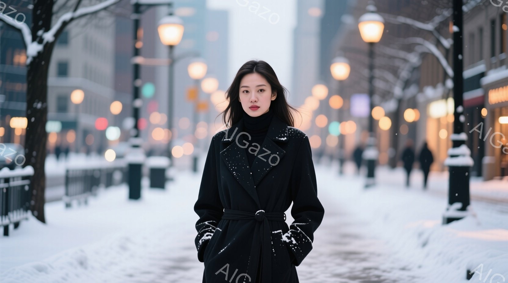 黒いコートと黒いセーターを着た女性が、雪で覆われた街路の真ん中に立っている。彼女は手をポケットに入れ、まっすぐカメラを見つめ、表情は穏やかで少し冷たい印象を与える。背景には、雪に覆われた木々や、ぼんやりと見える高層ビル群があり、全体的に静かで冬らしい雰囲気である。