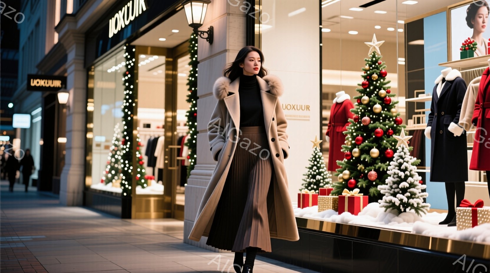 長いベージュのコートとプリーツスカートを身につけた女性が、クリスマスの飾り付けがされたショーウィンドウの前を歩いている。女性は黒髪で、少し微笑んでいるように見える。背景には、クリスマスツリーやプレゼントボックスが飾られた高級感のある店舗があり、夜の街並みが広がっている。
