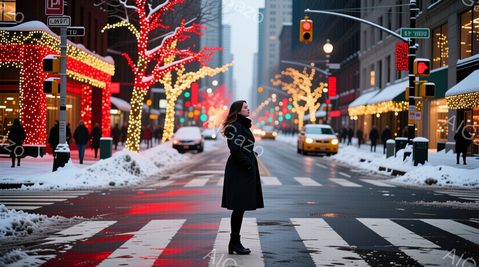 長い黒のコートを着た女性が、雪で覆われた道路の横断歩道に立っている。彼女は髪を後ろに流し、横を向いて遠くを見ているように見える。背景には、クリスマスイルミネーションで飾られた木々と高層ビル群が広がって - AI生成フリー素材