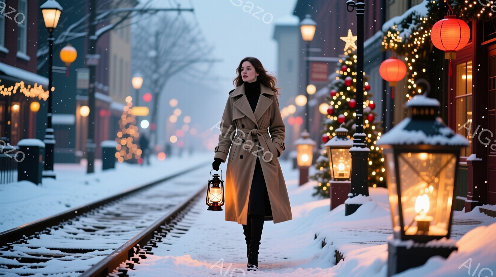 長いキャメル色のコートを着た女性が、雪に覆われた鉄道沿いを歩いている。彼女は黒いブーツを履き、髪は自然なカールで肩にかかっている。背景にはクリスマス装飾が施された建物が並び、道路沿いには提灯や雪に覆われた木々が見える。
