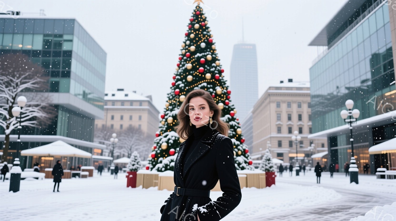 冬の街並みを背景に、黒いコートを着た女性が写っている。彼女は少し微笑んでおり、落ち着いた表情で、手は腰に当てて立っている。背景には大きなクリスマスツリーと雪に覆われた建物が広がり、白く静謐な冬の雰囲気を醸し出している。