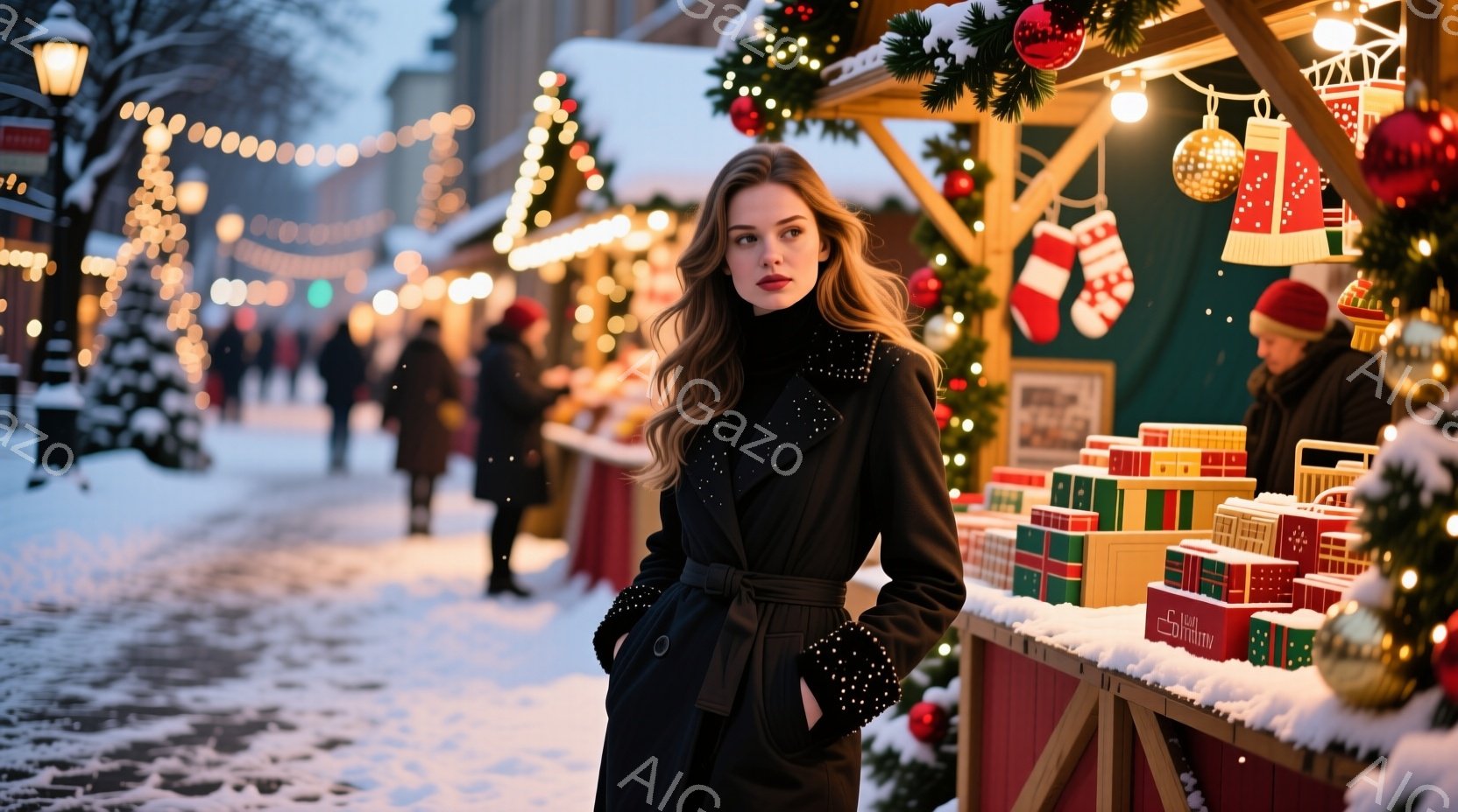 長いウェーブヘアの女性が黒のコートを着て、クリスマスのマーケットの前に立っている。彼女は少し微笑み、自信のある表情でポーズをとっている。背景には、クリスマス飾りで飾られた屋台や雪景色が見え、暖かく華やかな雰囲気が漂っている。