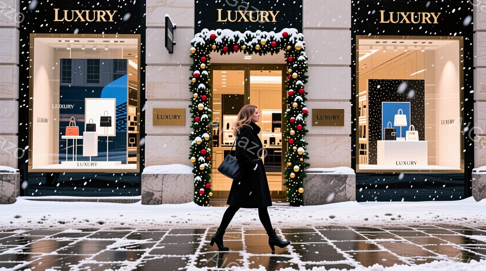 雪が舞う街並みを、黒いコートを着た女性が歩いている。彼女はヒールを履き、少し前かがみになりながら、どこかを見つめているようだ。背景には「LUXURY」と書かれたショーウィンドウが並び、クリスマス飾りが施された入り口が、冬の華やかさと洗練された雰囲気を醸し出している。