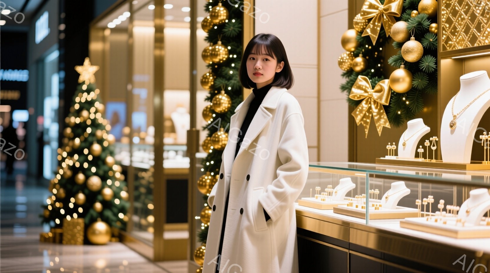 長い白のコートを着た女性が、ジュエリー店のショーケースの前に立っています。彼女は黒髪で、少し微笑んだ表情を浮かべています。背景にはクリスマスツリーと輝くオーナメントが飾られており、華やかで暖かい雰囲気です。