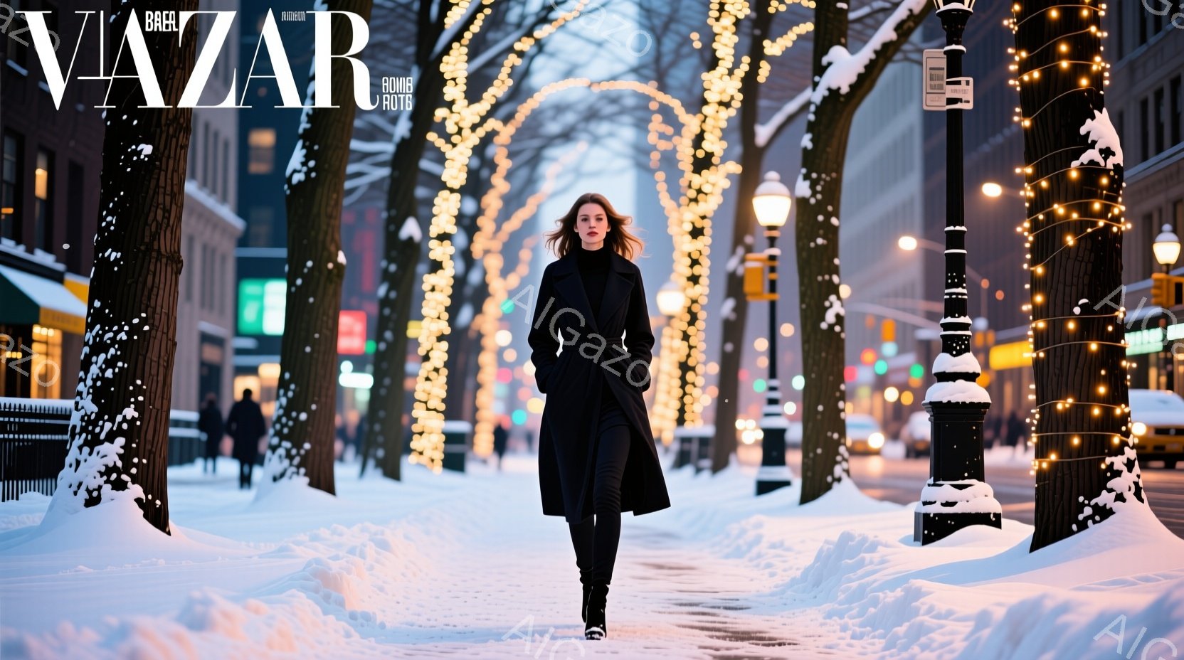 雪が降り積もる街路で、黒いロングコートを着た女性が正面を向いて歩いている。彼女は髪を後ろでまとめ、シックな装いである。背景には、イルミネーションで飾られた木々と、雪に覆われた建物が広がり、冬の華やかな雰囲気を醸し出している。