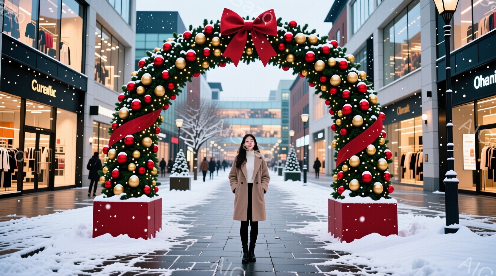 長い茶色のコートを着た女性が、クリスマス装飾のアーチの下に立っています。彼女はストレートの黒髪で、穏やかな表情をしています。背景には雪に覆われた歩道と、おしゃれな店舗が並び、クリスマスの飾り付けが施さ - AI生成フリー素材