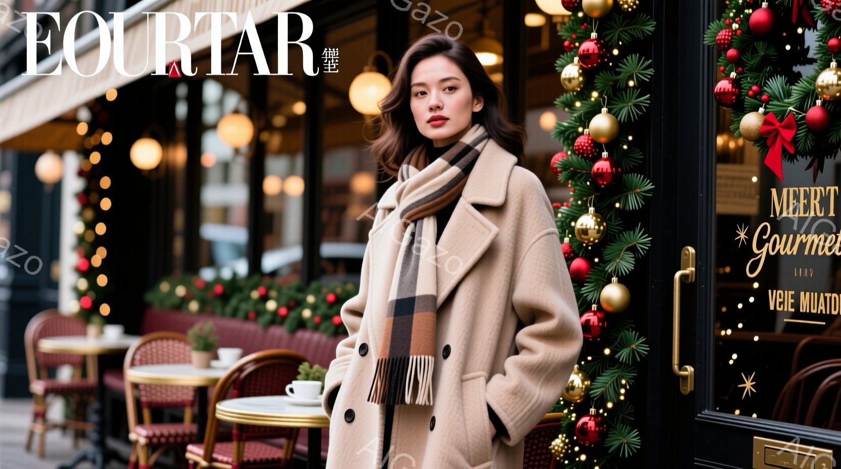 モデルはベージュのコートとチェック柄のマフラーを身に着け、少し微笑んでいます。彼女は屋外のカフェの前に立っており、背景にはクリスマス装飾が施されたお店のショーウィンドウが見えます。全体的に、冬の穏やかで華やかな雰囲気が漂っています。