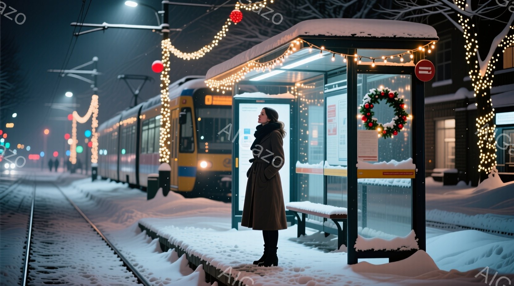 雪が降り積もるプラットフォームに、茶色のコートを着た女性が立っている。彼女は横を向いて何かを見つめており、髪は後ろでまとめていて、表情は穏やかである。背景には、クリスマスイルミネーションで飾られた電車とバス停があり、冬の静かで暖かい雰囲気を醸し出している。