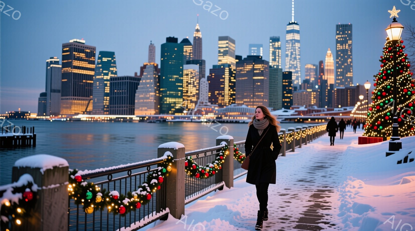 白い雪に覆われた遊歩道を、コートを着た女性が歩いている。背景には、きらびやかな摩天楼が立ち並び、クリスマスの装飾が施された高いクリスマスツリーが、冬の光景に温かさを添えている。全体的に、寒さと賑やかさが混ざり合った、華やかな冬の都会の雰囲気が漂っている。