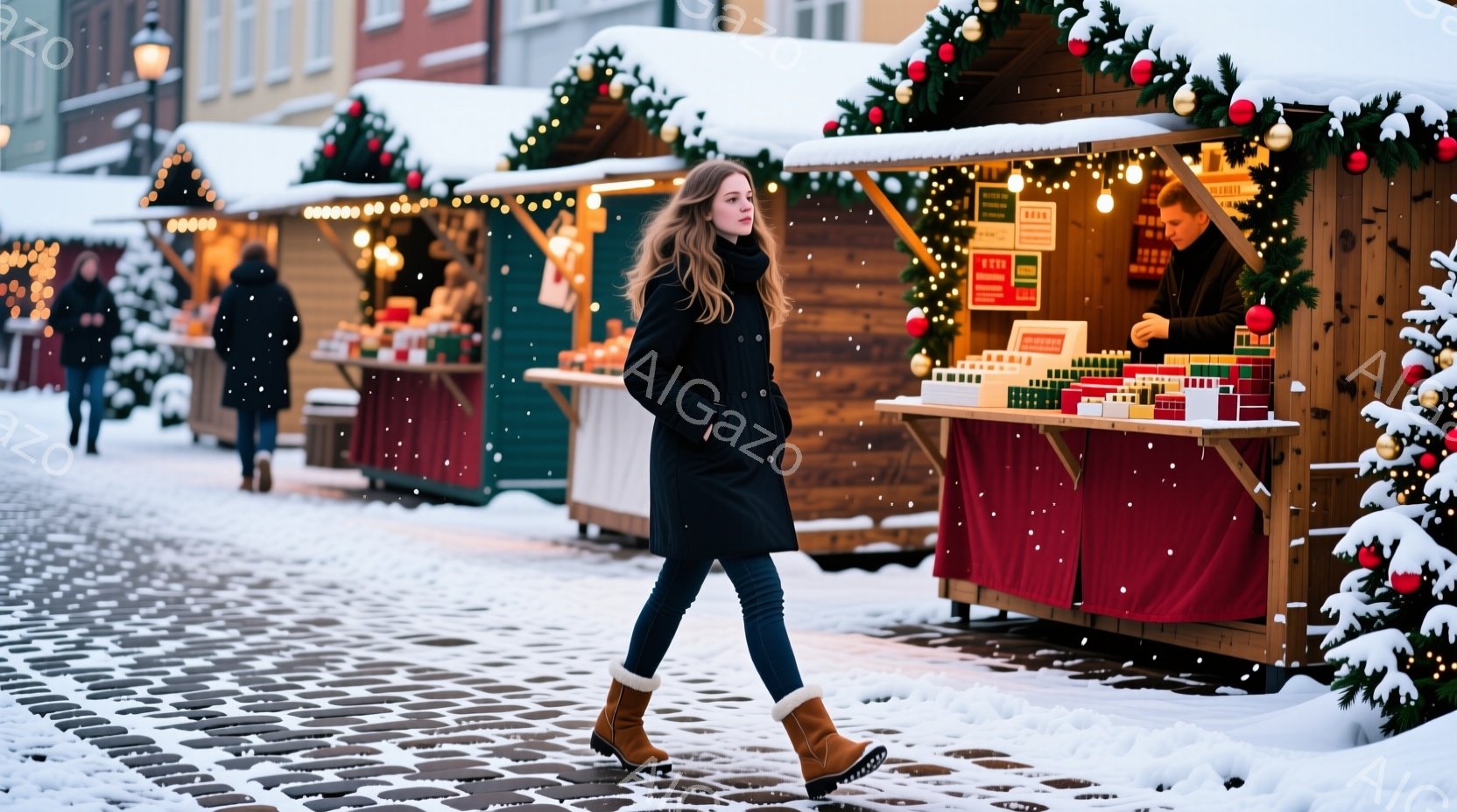 長い髪の女性が、黒いコートと茶色のブーツを履いて石畳の通りを歩いている。背景にはクリスマスマーケットの屋台が並び、装飾されたクリスマスツリーが点在している。雪が舞う冬の景色で、暖かく活気のある雰囲気が感じられる。