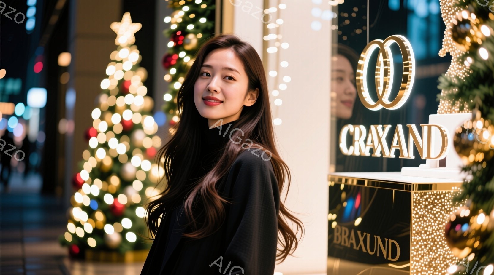 長い髪を肩にかけた女性が、クリスマスツリーを背景に微笑んでいます。黒いセーターを着ており、背景には光り輝くクリスマスデコレーションと「BRAXUND」という文字が入った装飾が確認できます。 全体的に温かく、お祝いムードに包まれた雰囲気です。