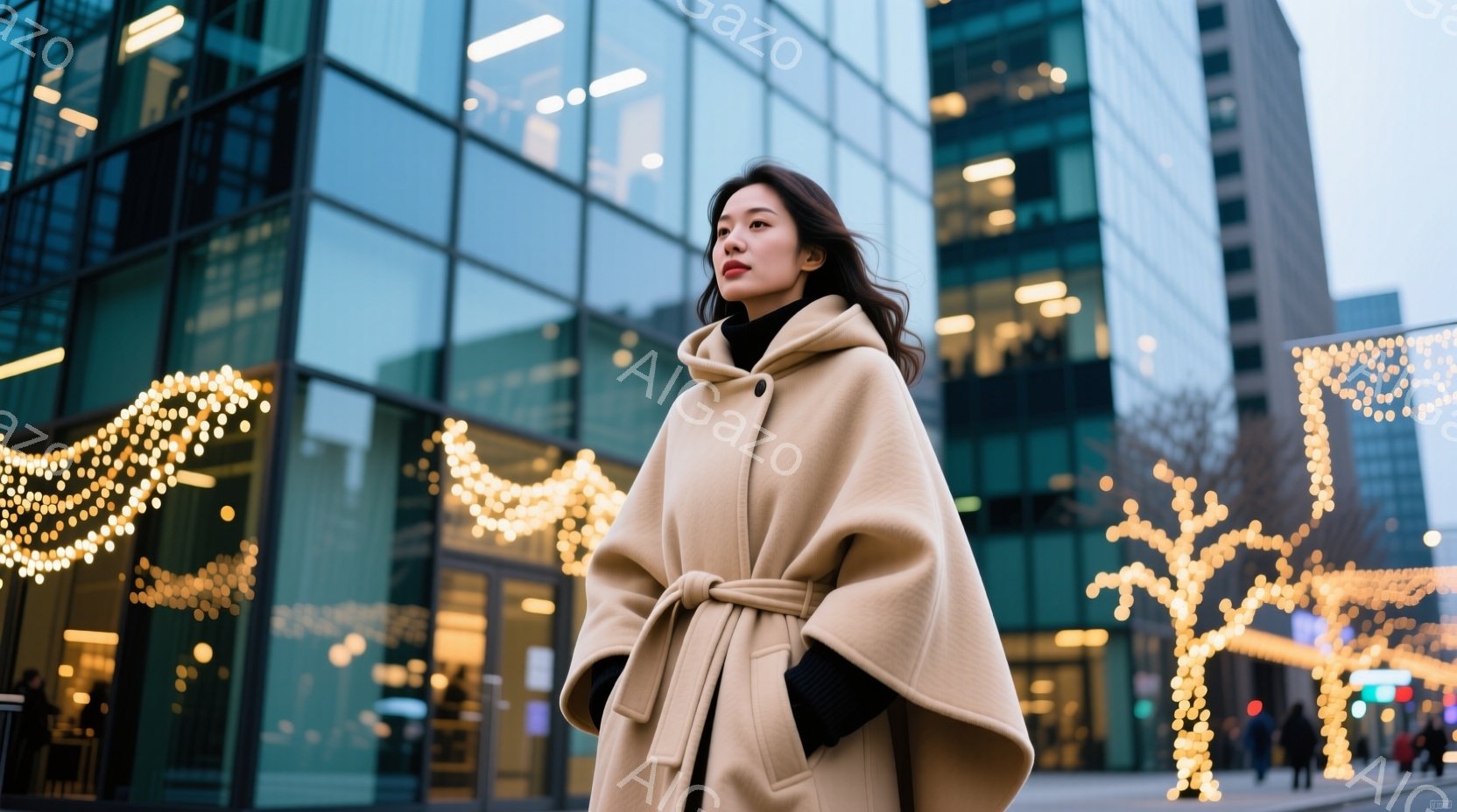 明るい茶色のケープのようなコートを羽織った女性が写っています。彼女は少し上目遣いで、リラックスした表情で、片手を腰に当てています。背景には近代的なガラス張りの建物と、温かい光を放つイルミネーションが広がり、冬の穏やかな雰囲気を醸し出しています。
