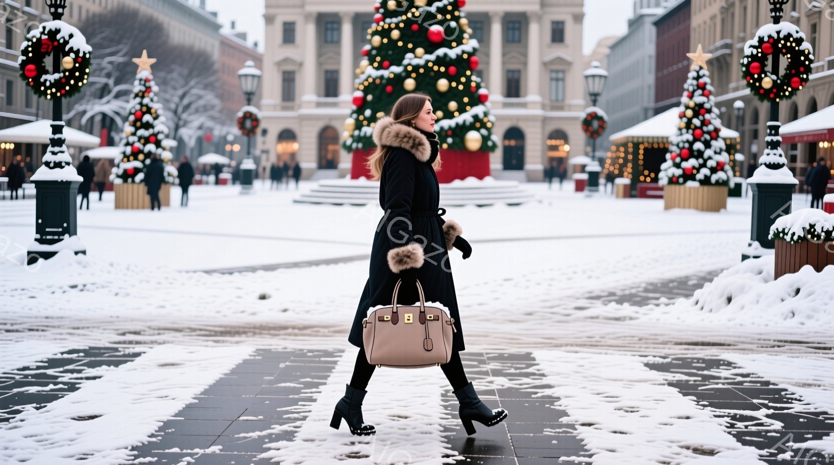 雪に覆われた街路を、黒いロングコートとブーツを履いた女性が歩いている。彼女は明るい髪をダウンさせており、ベージュ色のハンドバッグを持っています。背景には、クリスマスツリーや装飾が施された建物が見え、冬の華やかで穏やかな雰囲気を醸し出しています。