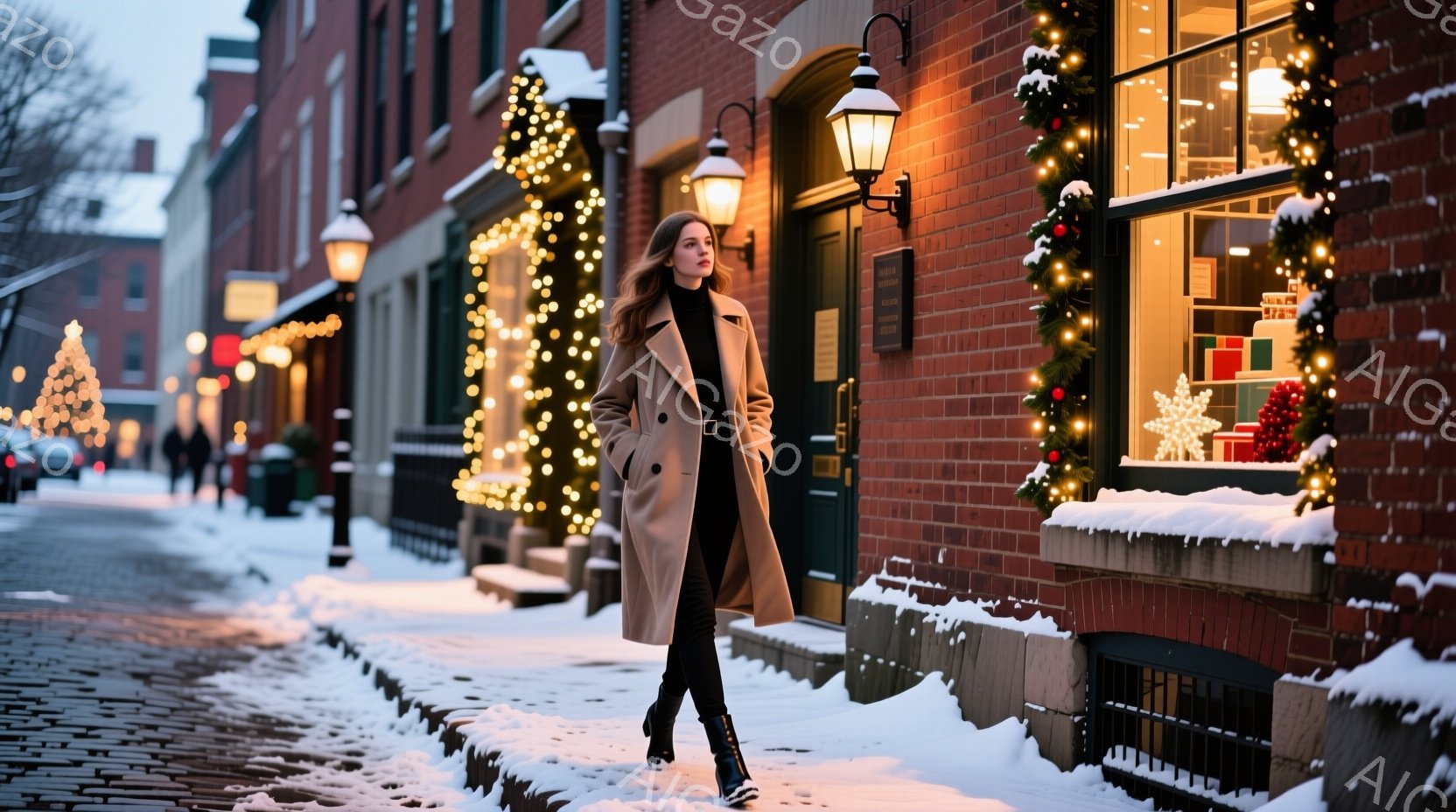 長いベージュ色のコートを着た女性が、雪が積もった石畳の通りを歩いている。彼女は黒いレギンスとブーツを履いており、ゆるやかな笑顔を浮かべている。背景には、クリスマス装飾が施されたレンガ造りの建物があり、暖かく幻想的な冬の雰囲気を醸し出している。