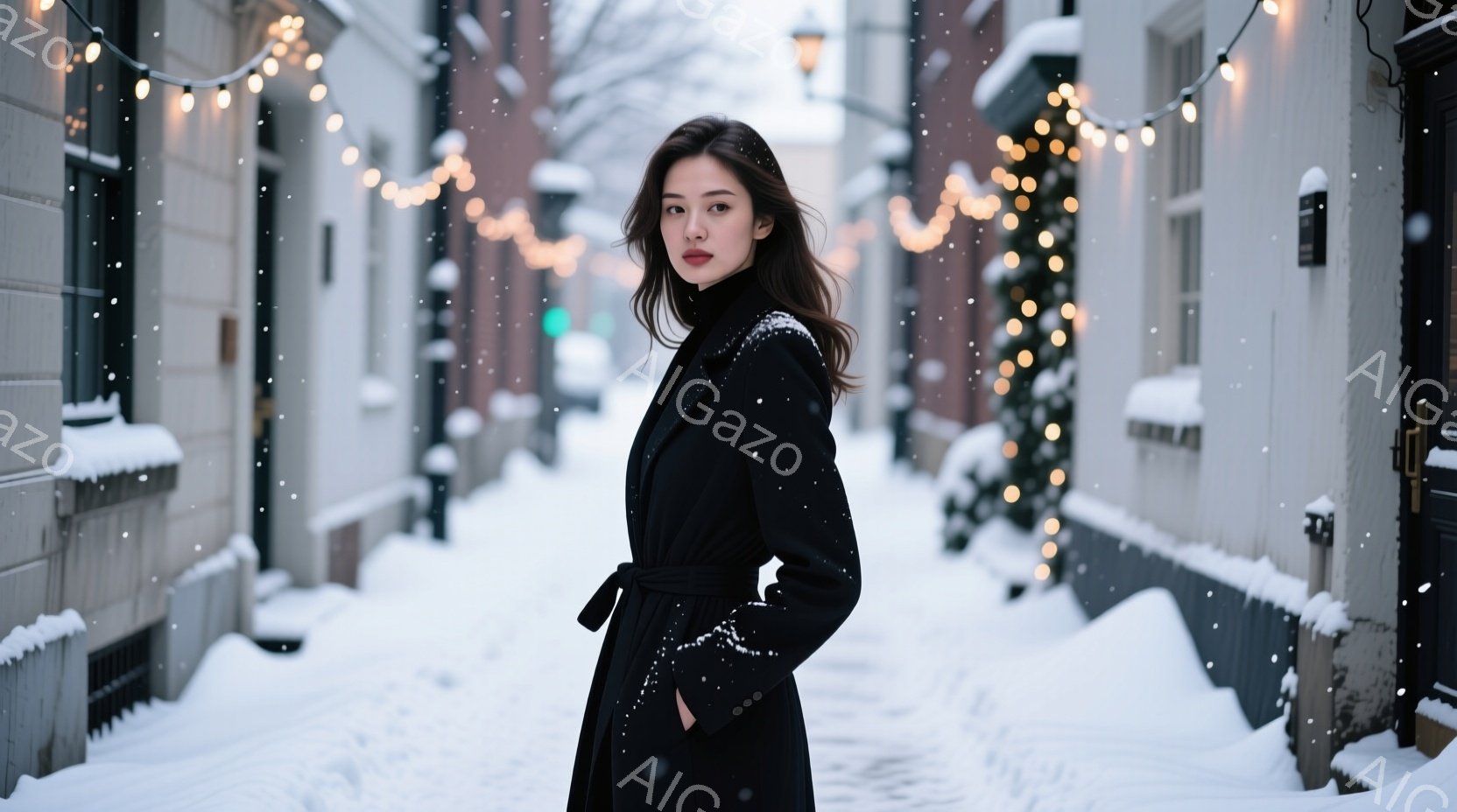 長い黒いコートを着た女性が、雪景色の中を歩いている様子が写っている。彼女は少し振り返り、真剣な表情でこちらを見ている。背景には雪に覆われた建物が並び、暖かい光のイルミネーションが冬の雰囲気を高めている。