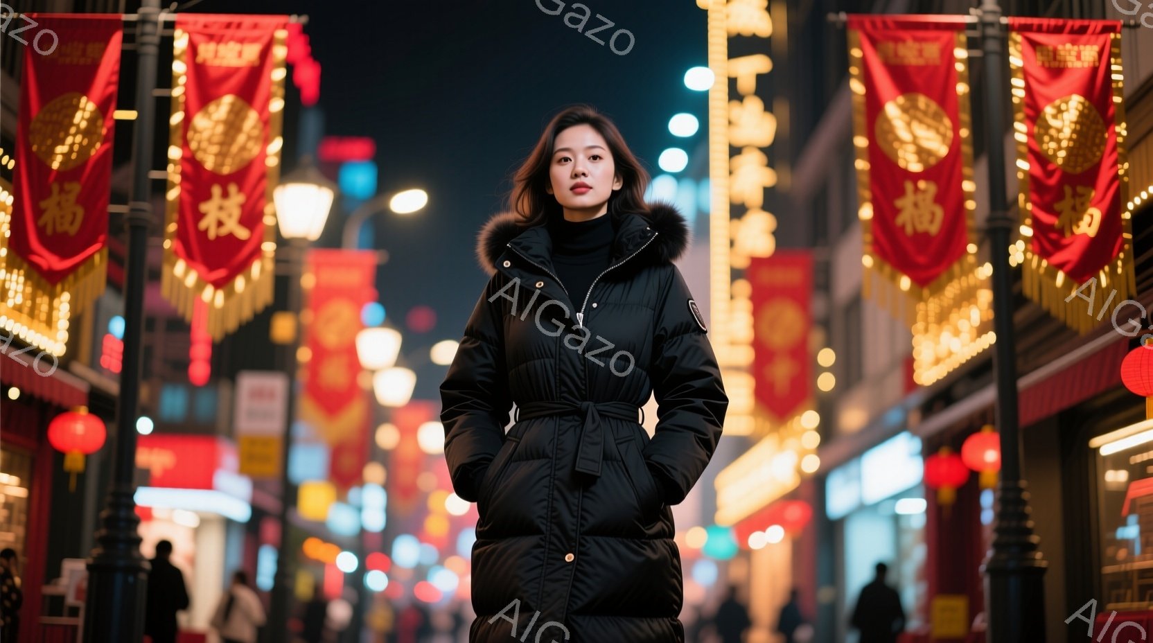 画像には、赤い提灯や光で飾られた賑やかな通りに立つ若い女性が写っている。彼女は黒いダウンジャケットを着ており、髪は後ろで一つにまとめられている。表情は落ち着いており、少しこちらを見下ろしているような印象を与える。