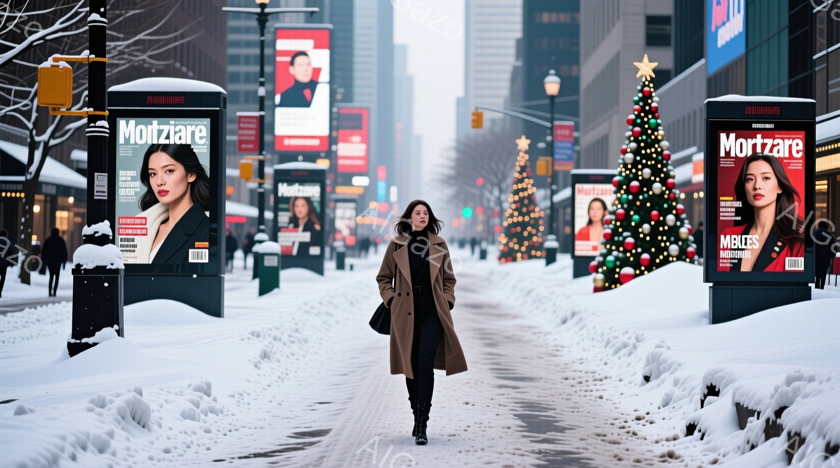 雪が降り積もったニューヨークの街並みを、ロングコートを着た女性が歩いている。彼女は黒髪で、少し微笑んでいるように見え、落ち着いた表情をしている。背景にはクリスマスツリーや高層ビルが並び、冬の都会の静けさと華やかさを感じさせる。