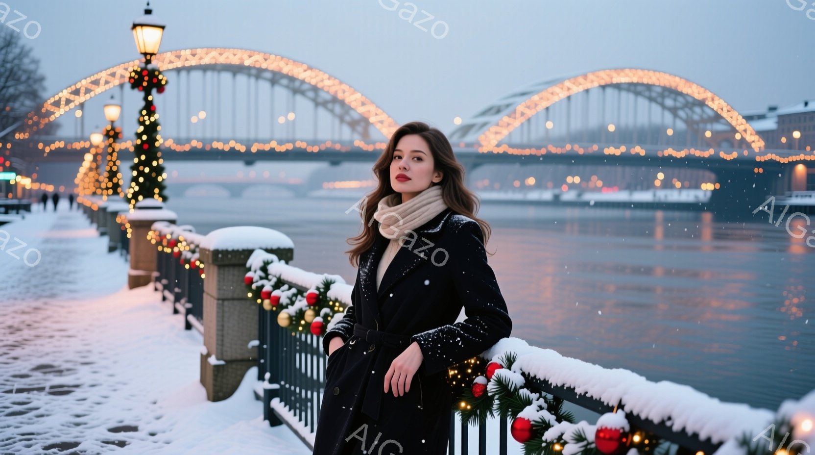 長い黒いコートとスカーフを身につけた女性が、雪で覆われた手すりに寄りかかっています。背景には、イルミネーションで飾られた美しい橋が映り、水面は穏やかで冬の景色が広がっています。全体的に、暖かく穏やかな、冬の夜のロマンチックな雰囲気が漂っています。