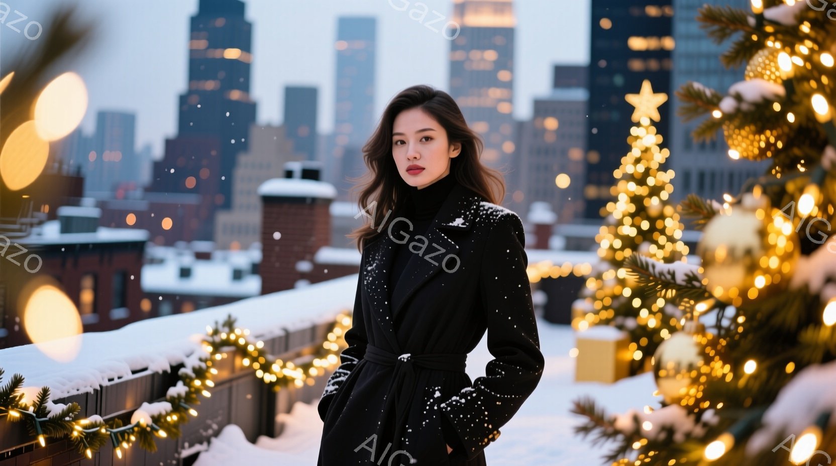 黒いコートを着た女性が、雪景色を背景に立っている。彼女は髪を軽くカールさせ、落ち着いた表情でカメラを見つめている。背景には、雪に覆われた高層ビル群と、クリスマスツリーの輝くイルミネーションが広がり、冬の夜の暖かく幻想的な雰囲気を醸し出している。