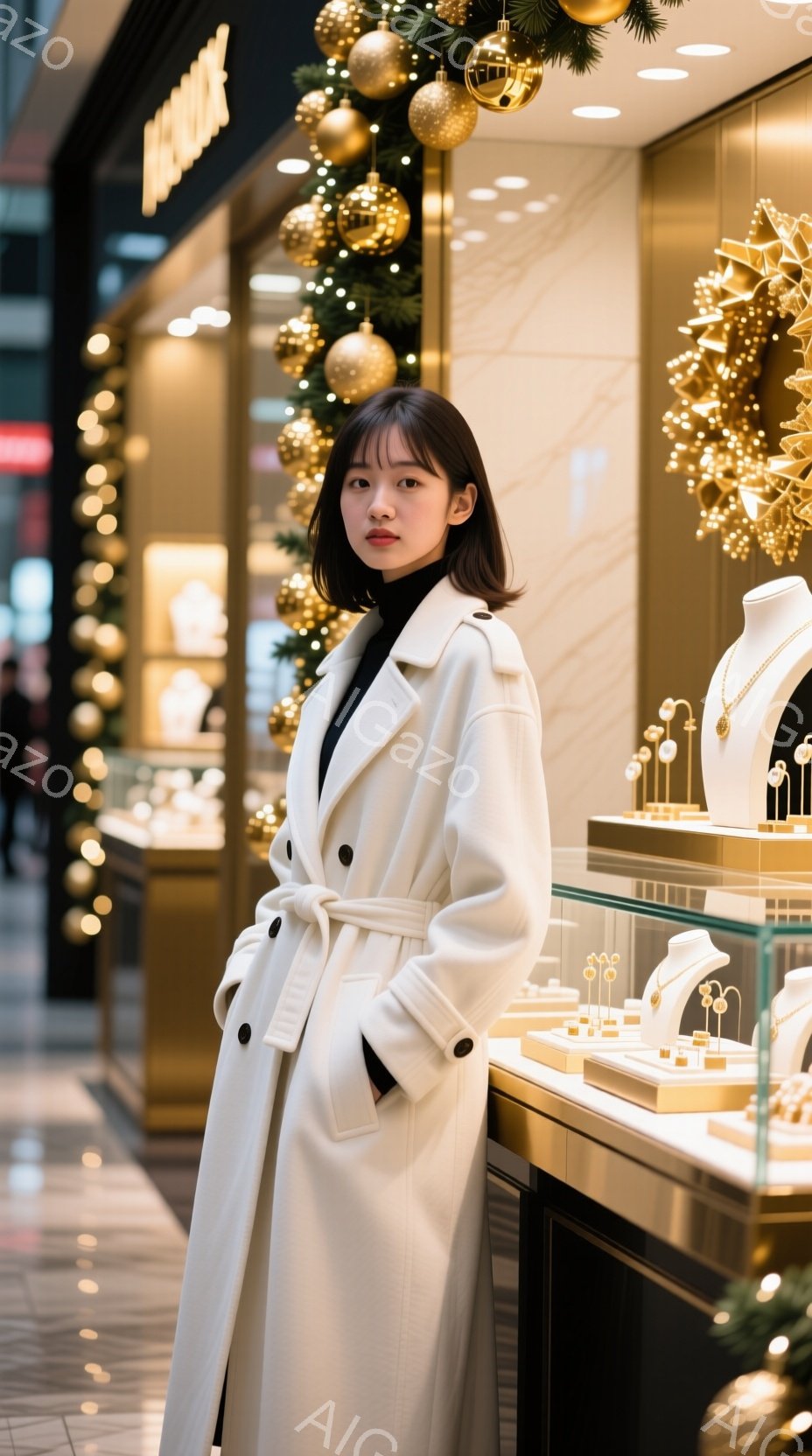 白いロングコートを羽織った女性が、宝石店のショーケースの前で立っている。彼女は黒い髪を肩にかかる長さに整え、少し憂いを帯びた表情で正面を見つめている。背景にはクリスマス装飾が施された店内に、多くの宝石がディスプレイされているのが見える。