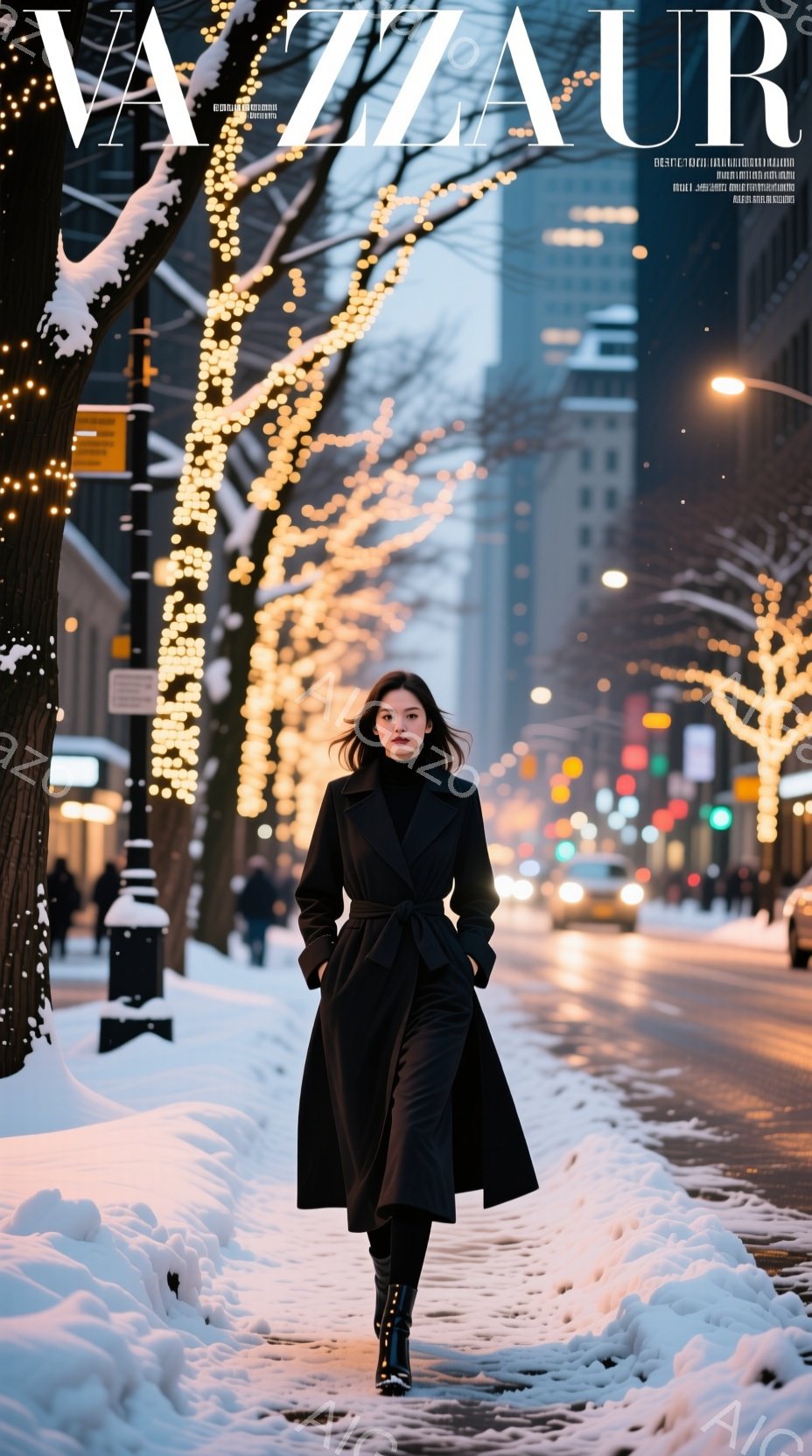 長い黒のコートを着た女性が、雪が積もった街路を歩いている。彼女は黒いブーツを履き、髪を後ろでシンプルにまとめている。背景には高層ビルが立ち並び、街路樹には明るいイルミネーションが飾られ、冬の夜の静かで洗練された雰囲気を醸し出している。