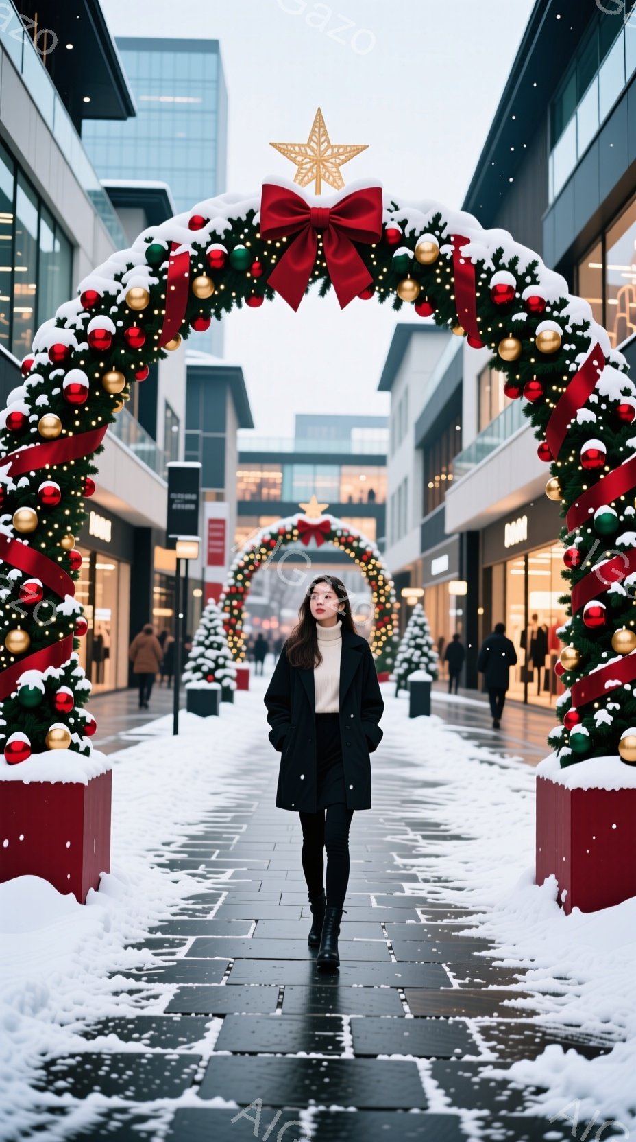 画像には、雪の降る屋外ショッピングモールを歩く女性が写っています。彼女はベージュのセーターに黒のコートとパンツを着用し、髪は長くストレートで、表情は落ち着いています。背景にはクリスマス装飾のアーチが並び、雪に覆われた歩道と近代的な建物が広がっており、冬の穏やかな雰囲気を醸し出しています。