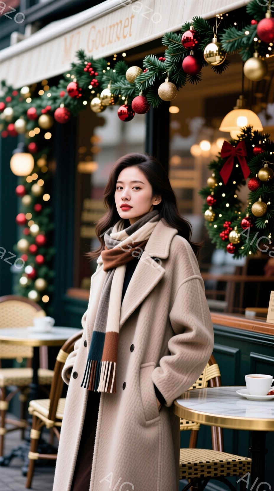 明るい色のコートを着た女性がカフェの前に立っています。彼女はチェック柄のスカーフを巻き、髪は肩まで伸びています。背景にはクリスマス装飾が施されたカフェがあり、暖かい雰囲気を感じさせます。