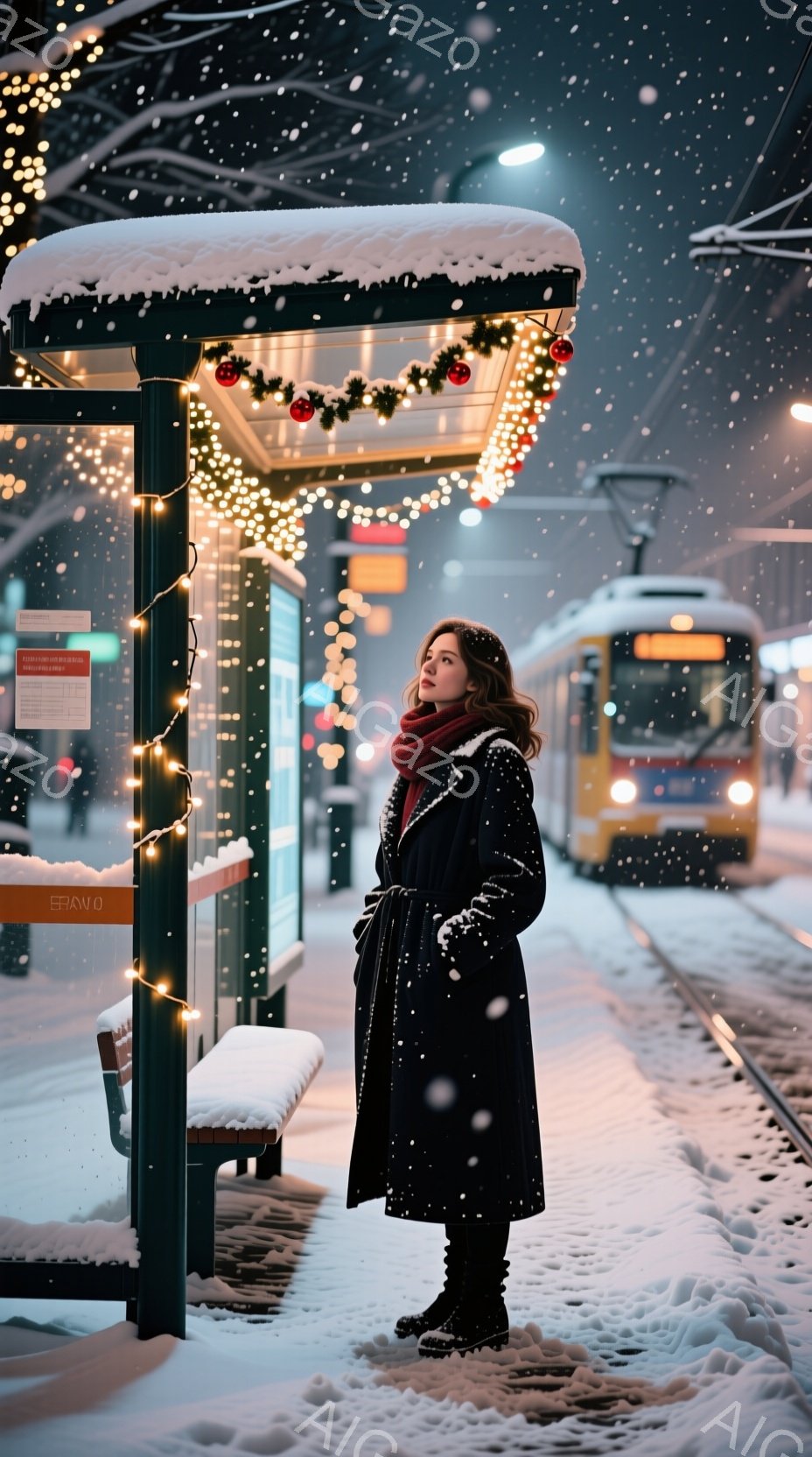 雪が降る中で、赤いスカーフと黒いコートを着た女性がバス停で立っている。彼女は少し顔を上げて何かを見ているようで、表情は穏やかで物憂げだ。背景には雪に覆われた線路と、ぼんやりと見える電車、そして輝くイルミネーションが飾られたバス停がある。