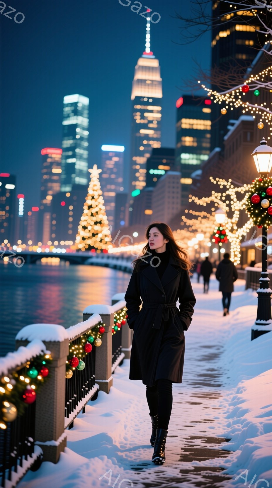 長い黒いコートを着た女性が、雪で覆われた遊歩道を歩いている。彼女は髪を自然に垂らし、少し微笑んでおり、自信に満ちた表情をしている。背景には、クリスマスツリーやイルミネーションで飾られた高層ビル群が広がり、冬の夜の温かく幻想的な雰囲気を醸し出している。