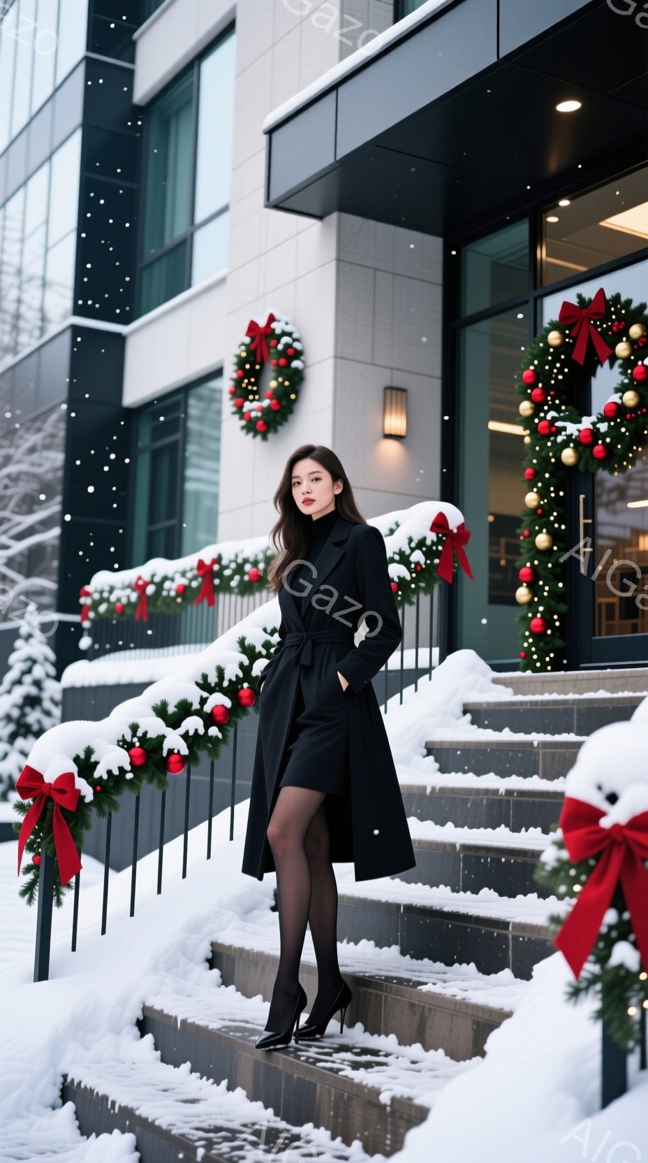 長い黒いコートを着た女性が、雪に覆われた階段に立っています。彼女は黒いタイツとハイヒールを履き、髪は後ろでまとめています。背景には、クリスマスデコレーションのついた建物があり、雪景色が広がっています。