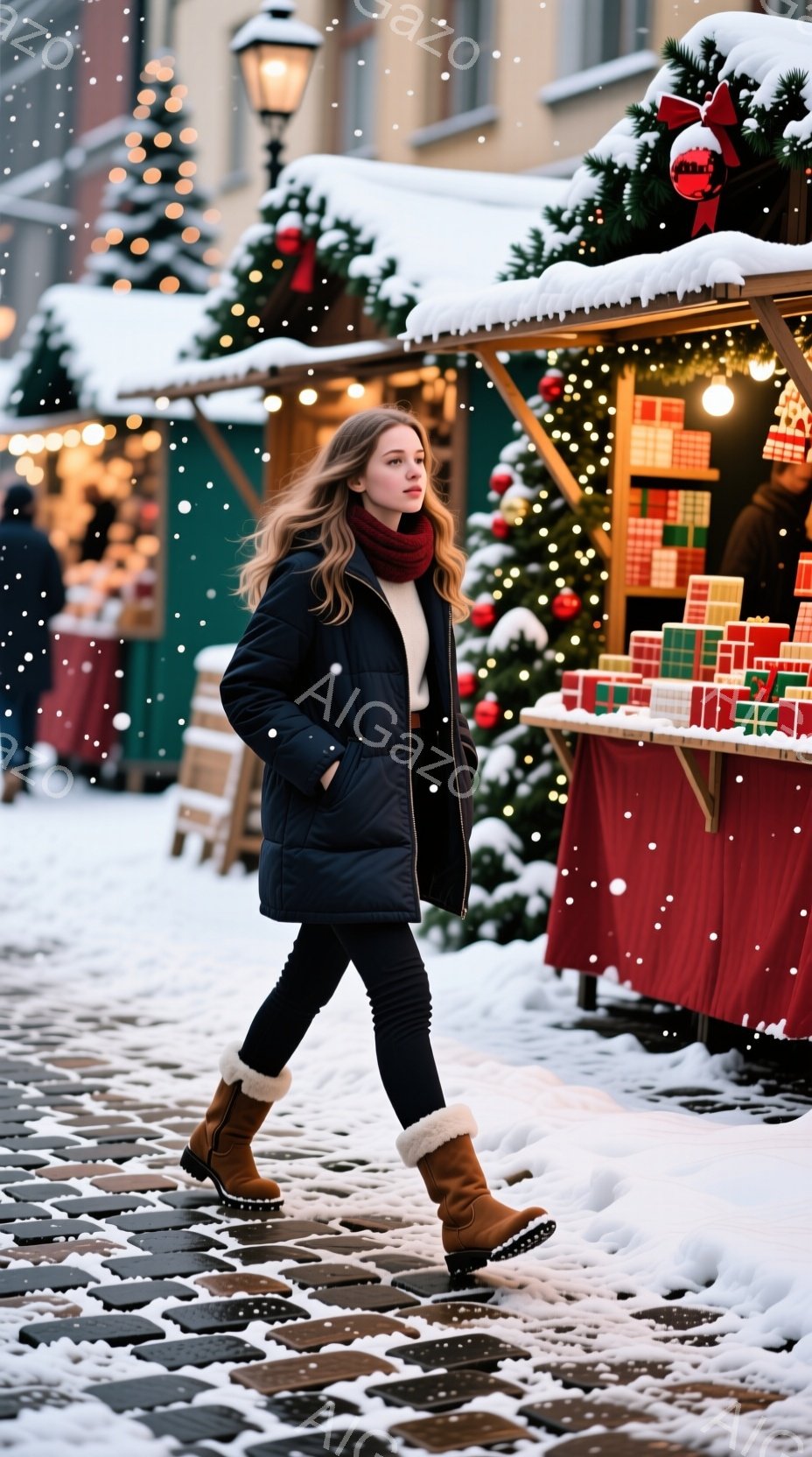 雪が舞う石畳の道を行く女性が写っています。彼女は黒のパフィージャケットと黒のパンツ、そして毛皮の縁取りのあるブーツを履いています。背景にはクリスマスマーケットの屋台が並び、イルミネーションが輝き、冬の暖かく華やかな雰囲気を醸し出しています。