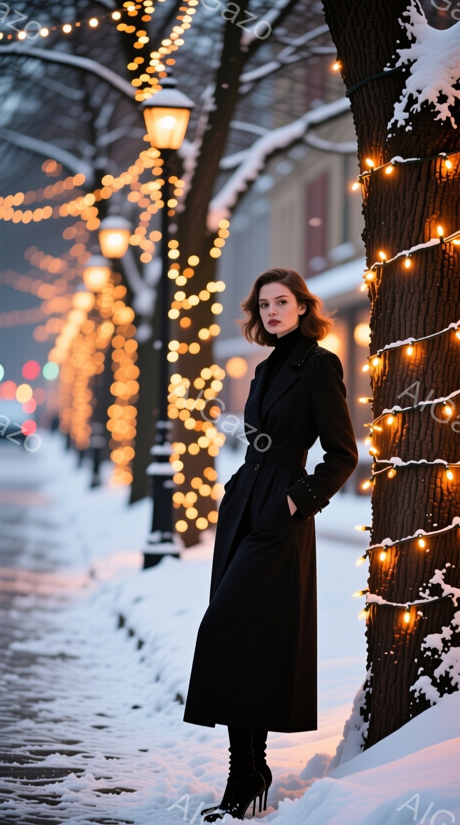 長い黒のコートを身につけた女性が、雪に覆われた並木道を背景に立っている。彼女は黒いブーツを履き、少し憂いを帯びた表情で、片手を腰に当て、もう片手は少し伸ばしてポーズをとっている。背景には、暖かい光を放つクリスマスイルミネーションで飾られた木々が立ち並び、雪景色と相まって、どこか幻想的でロマンチックな雰囲気を醸し出している。