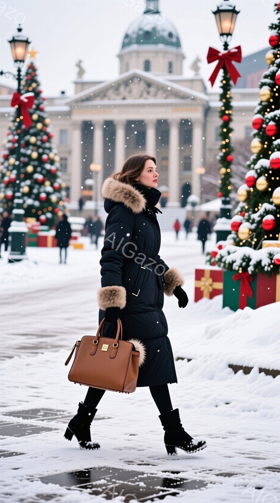 雪が降る街を、黒いロングダウンコートを着た女性が歩いている。彼女は茶色のハンドバッグを持ち、黒いブーツを履き、横を向いて少し微笑んでいるように見える。背景には、雪で覆われた広場、装飾されたクリスマスツリー、そして壮大な建物が見え、冬の華やかな雰囲気が漂っている。