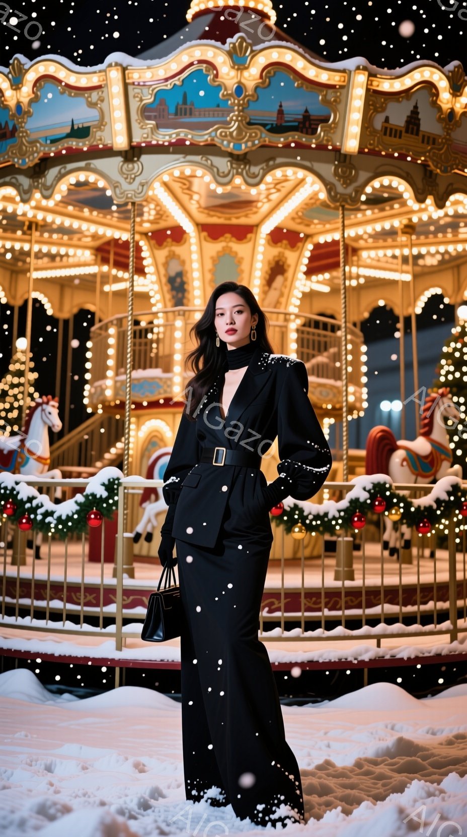 黒いスーツ姿の女性が雪の降る遊園地のメリーゴーランドの前でポーズを取っています。彼女は黒いロングヘアで、赤い口紅とイヤリングを身に着け、自信に満ちた表情をしています。背景にはライトアップされたメリーゴーランドの木馬や、雪に覆われた遊園地の風景が広がっており、華やかで幻想的な雰囲気を醸し出しています。