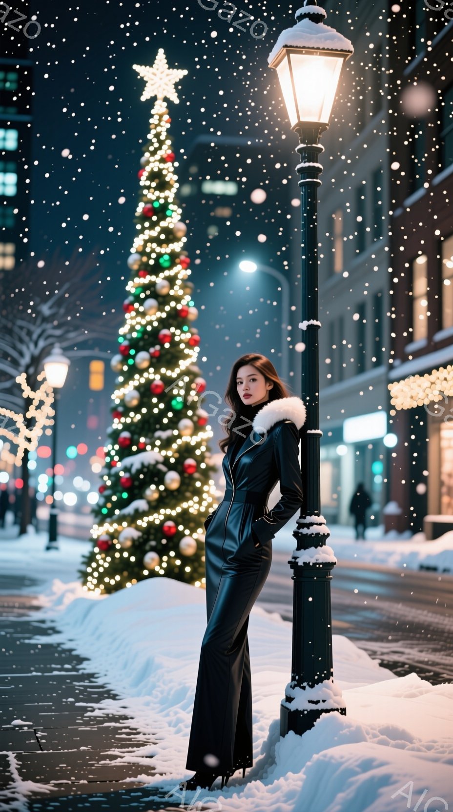 黒いレザージャケットとフレアパンツを着用した女性が、雪が降る夜の街で街灯にもたれかかっています。彼女は長い黒髪で、少し微笑んだ表情を浮かべており、冬の装いと夜景が調和しています。背景には、きらびやかなクリスマスツリーが聳え立ち、雪景色の中で暖かく幻想的な雰囲気を醸し出しています。