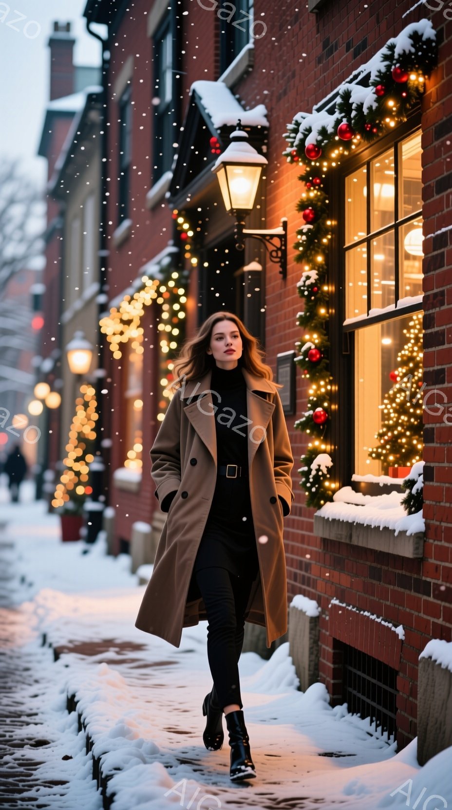 茶色のロングコートを羽織った女性が、雪に覆われた石畳の道を歩いている。彼女は黒いパンツとブーツを履き、髪は自然なウェーブで肩にかかっている。背景には、クリスマス装飾されたレンガ造りの建物が並び、暖かく幻想的な雰囲気を醸し出している。